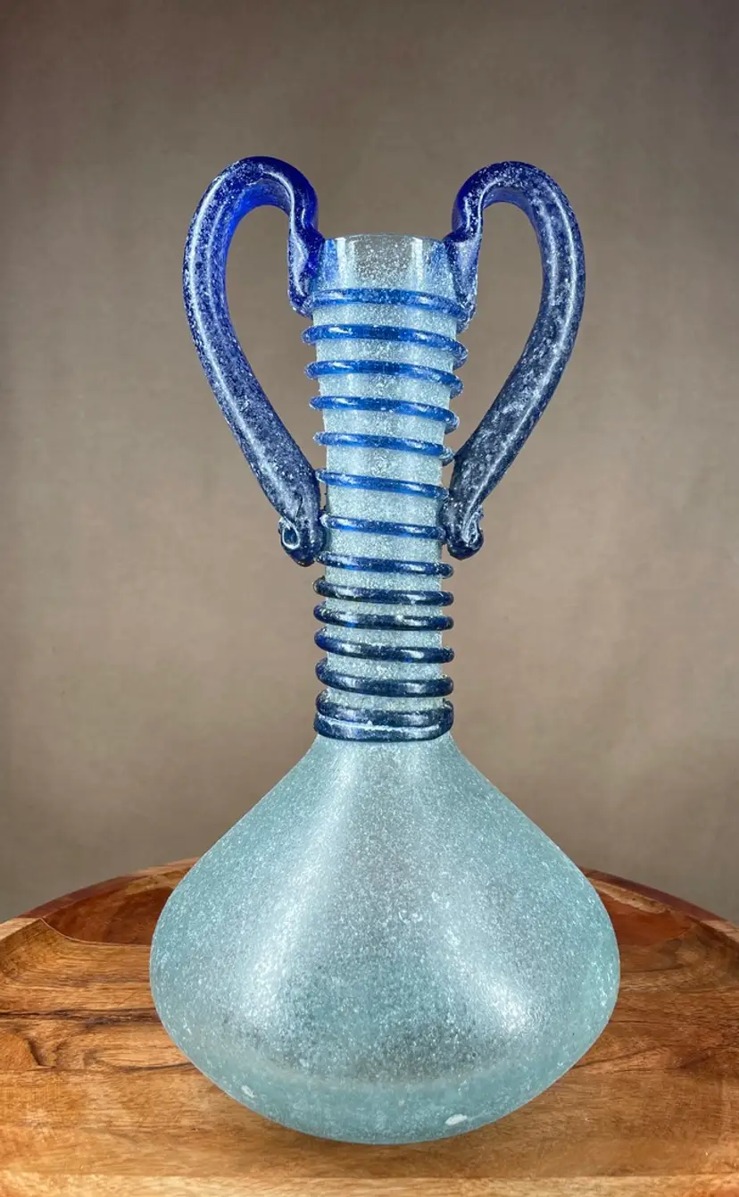 Blue Glass Textured Hand Blown Duel Handled Opaque Speckled Art Glass Vase