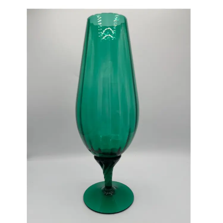 Vintage Emerald Green Empoli Vase, Swirled Stem W/ Ribbed Optic Effect