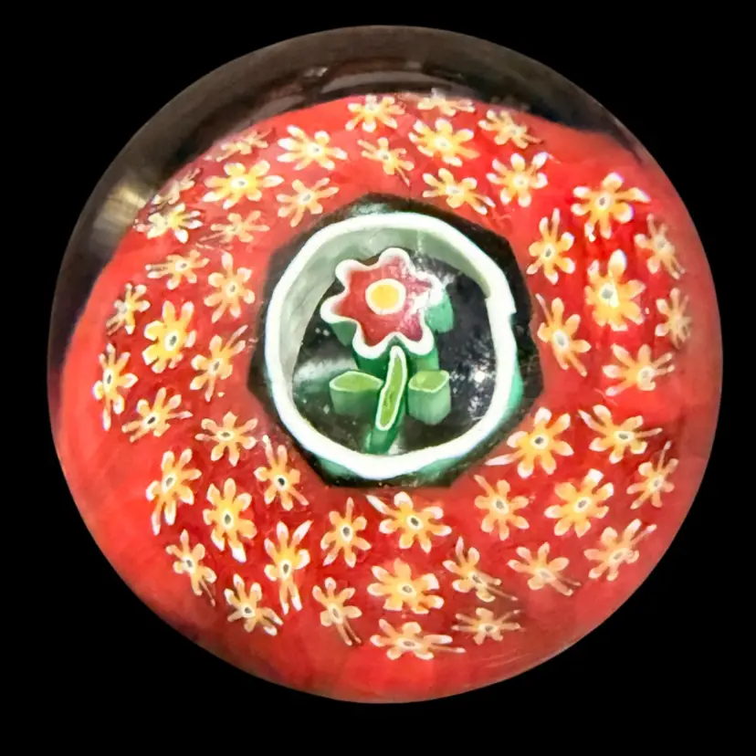 Murano Glass Flower Millefiori Paperweight 2.25”