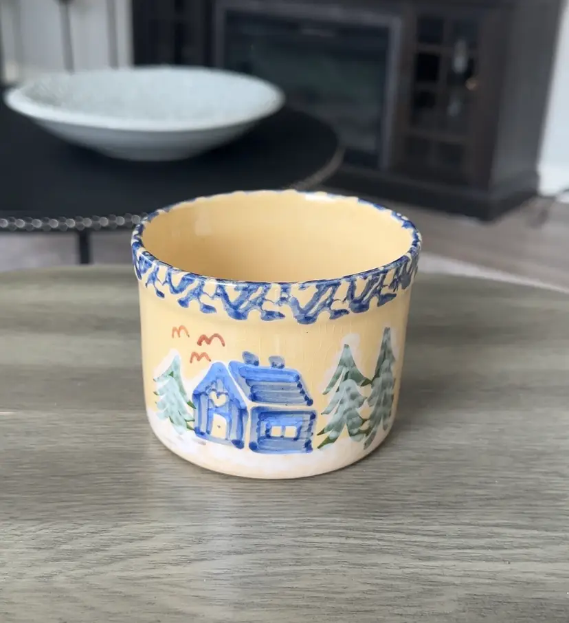 Hand Painted Alpine Pottery Ohio 1995 Blue Snow Cottage Winter Farmhouse Bowl