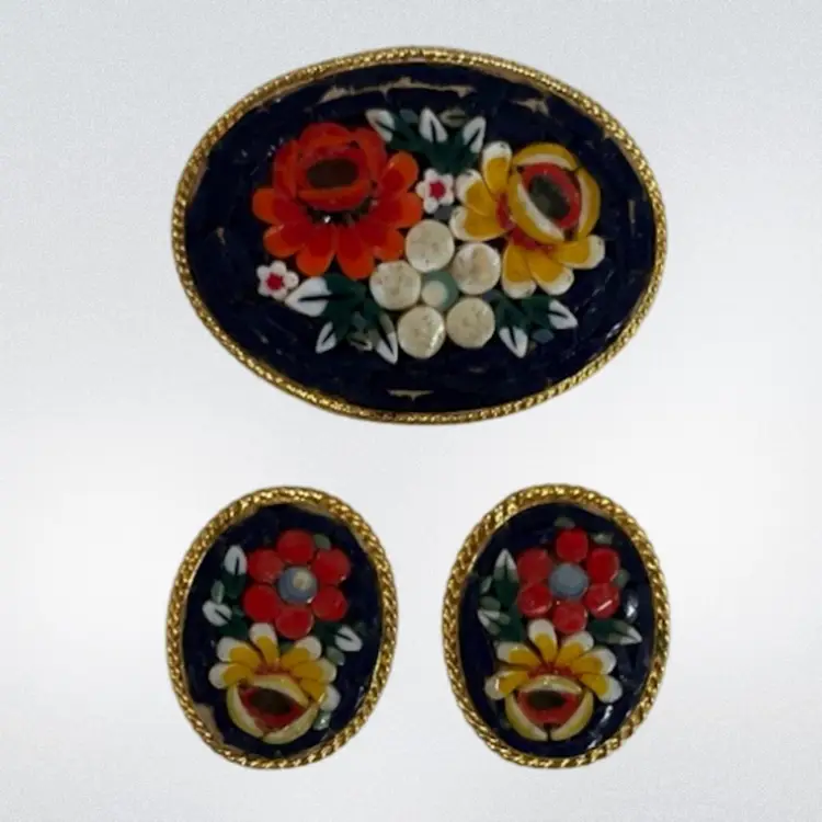 Set Vintage Italy Micro Mosaic Glass Tile Flower Brooch And Clip Back Earrings