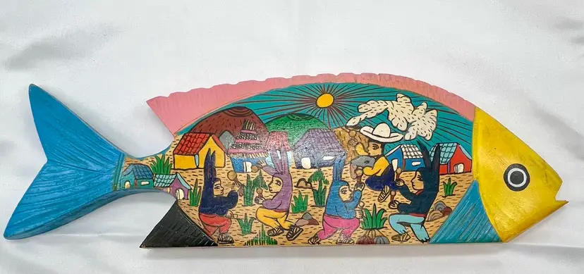 Hand-Painted Wood Fish Artist Tony Roldan Flores - Colorful Folk Art 2 Scenes