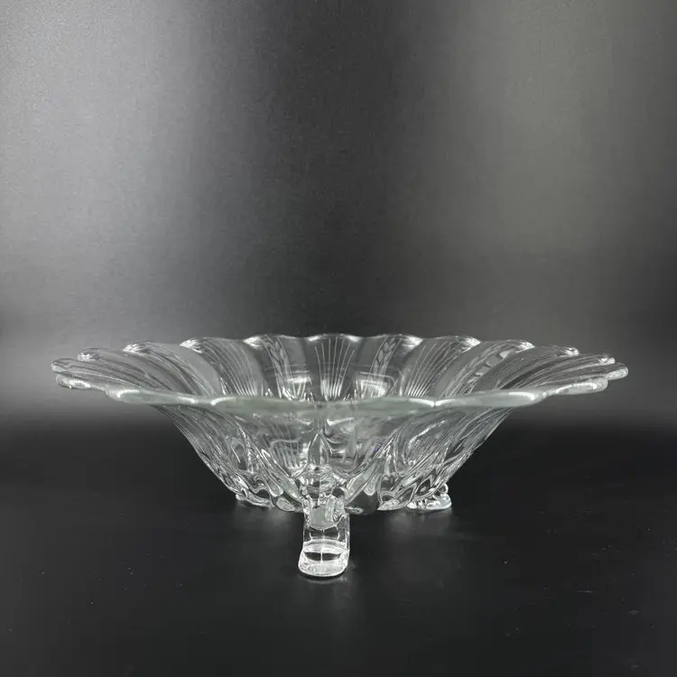 Elegant Footed Clear Glass Etched Serving Bowl