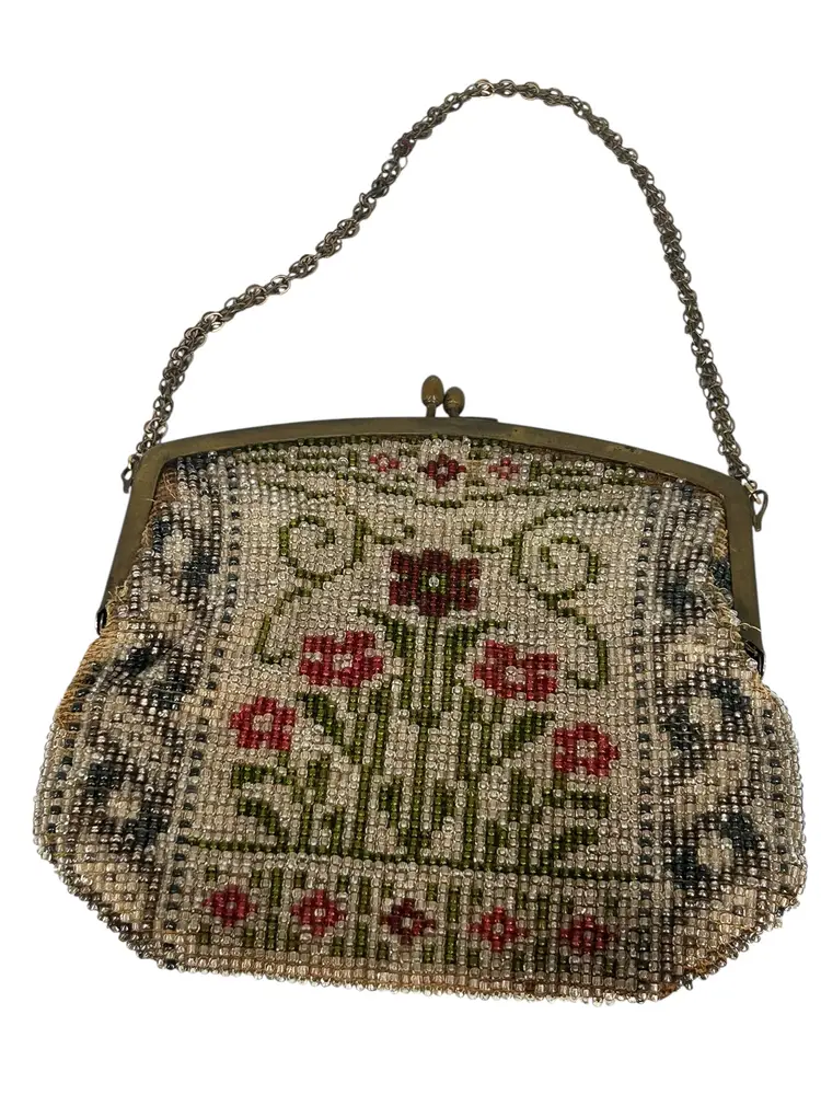 Vintage Hand-Beaded Floral Evening Bag with Metal Frame