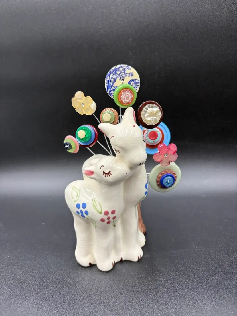 Button Bouquet In Block Pottery Deer Planter- As Is. Made By Me