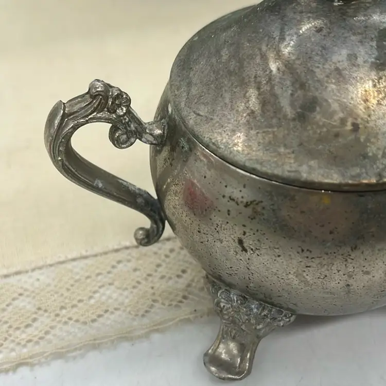 Gorgeous Rusty Crusty Silver Plate Sugar Bowl Footed With Lid Floral Design