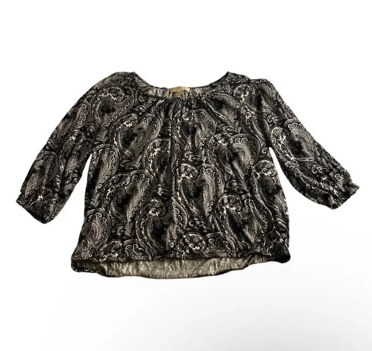 Michael Kors Black White Paisley Blouse Women’s XL 3/4 Sleeve Boho Top
