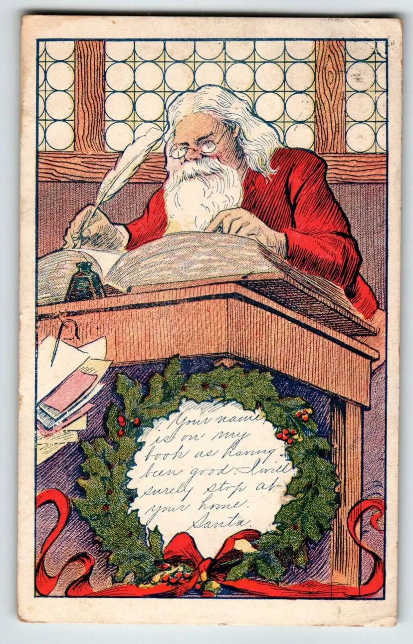 Christmas Postcard Santa Claus Book Desk Quill Pen Inkwell Wreath 1908 Vintage