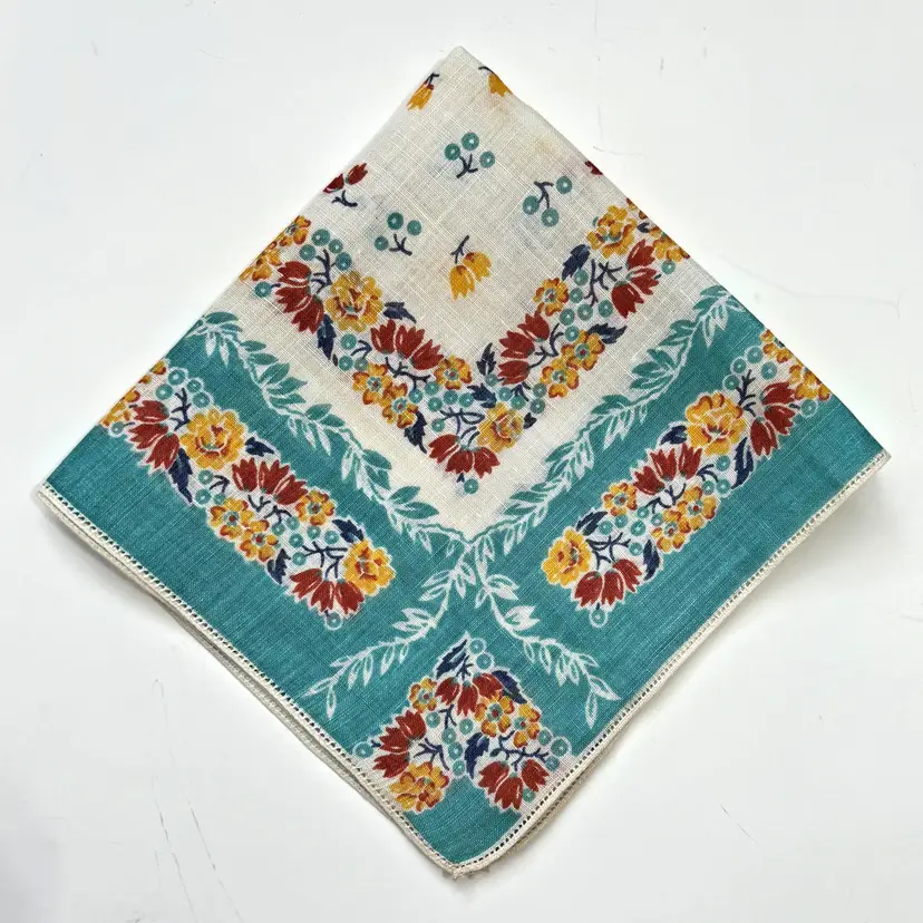 Linen Floral Border Handkerchief Blue Yellow Red Cottage Core Granny Vintage