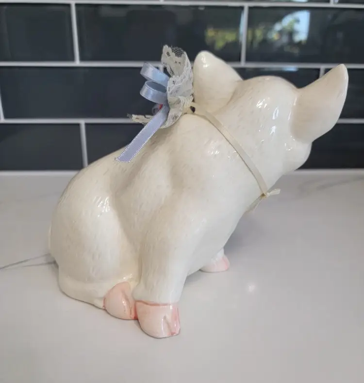 Vintage Porcelain Piglet With Floral Bow - Piggy Bank