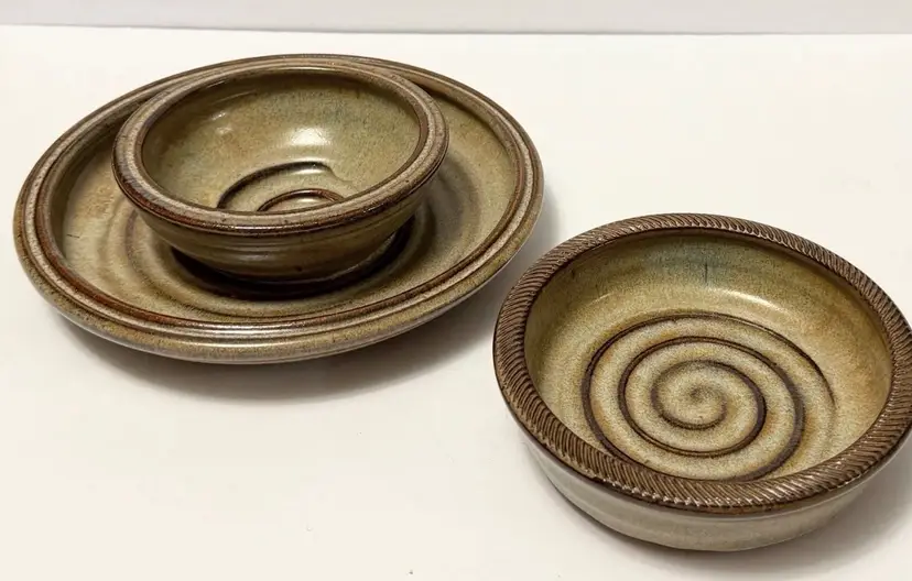 Art Studio Pottery Pistachio Bowl & Wine Bowl Swirl Glazed Brwn Greg Neal Signed