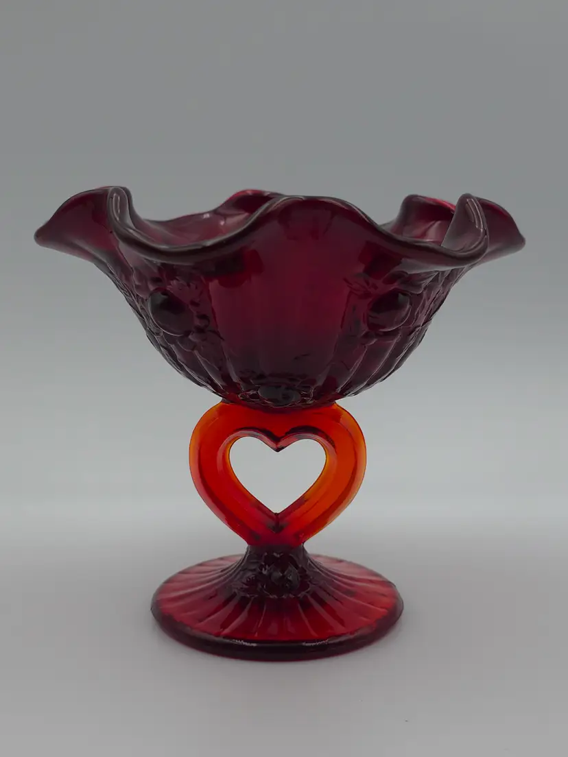 Vintage Fenton Ruby Red Amberina Cabbage Rose Compote Candy Dish With Open Heart Stem UV Glow