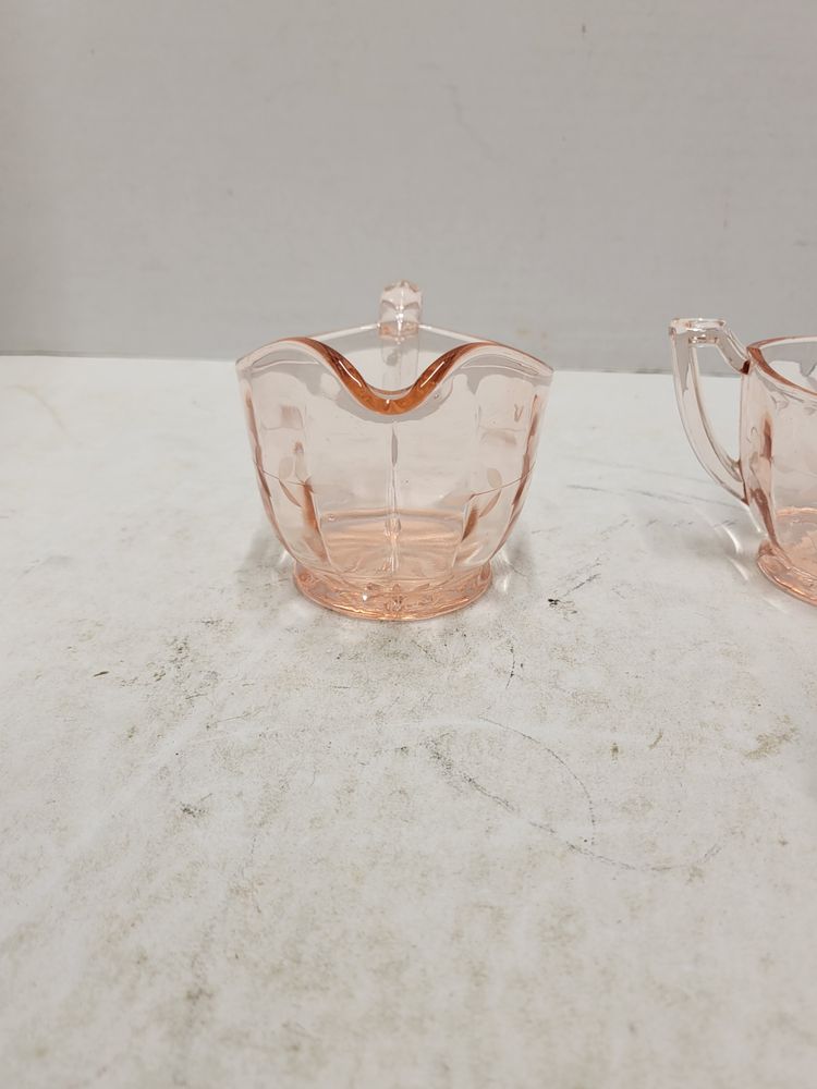 Vintage Pink Depression Glass Cream and Sugar Bowl Set Kitchen