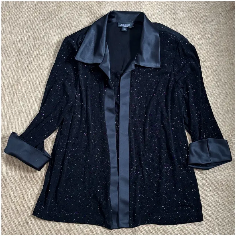 Vintage Two In One Black Sparkle Shirt 14W Satin Trim Evening Glam Vampire Core