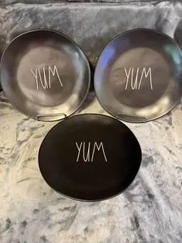 3 Rae Dunn Artisan Collection By Magenta Yum Black Dinner Plates 11” White Text