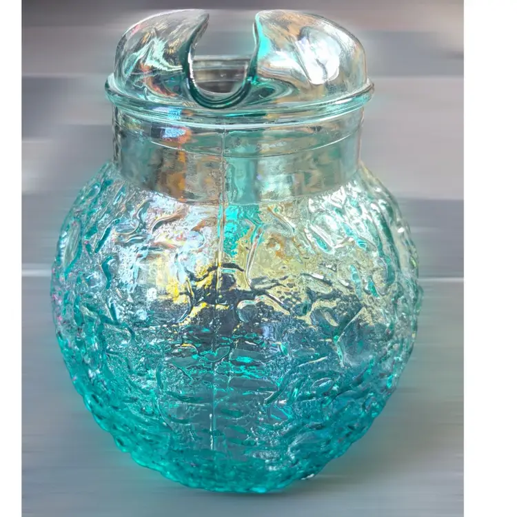 Vintage Anchor Hocking Aqua Turquoise Lido Milano Crinkle Glass Ball Pitcher 9” x 7”