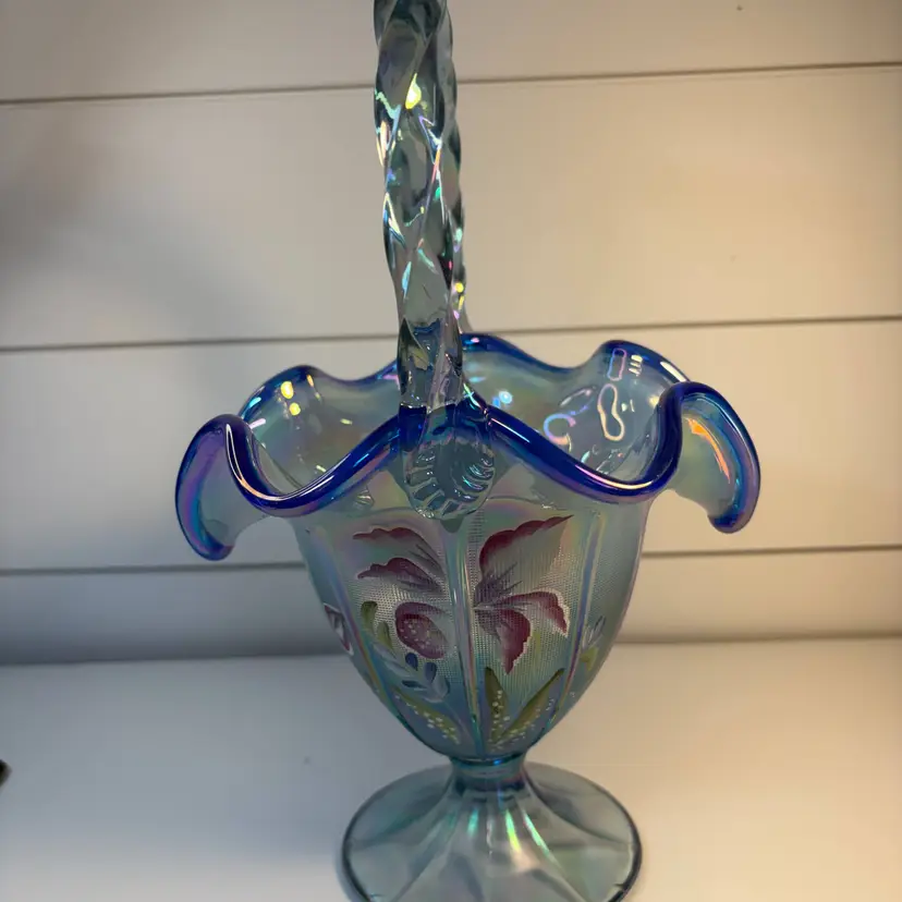 STUNNING IRIDESCENT  FENTON HANDPAINTED BASKET SIGNED, 11 INCHES