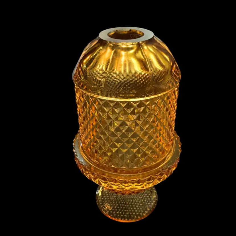 2-piece Vintage Viking Glass Amber Diamond Point Glimmer Fairy Lamp 7”x 4”