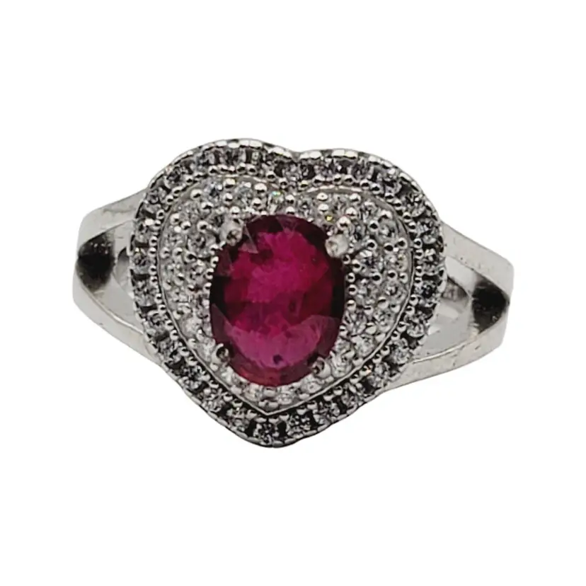 925 Sterling Silver Rhodium Plated Genuine Ruby Clear CZ Heart Shaped Ring