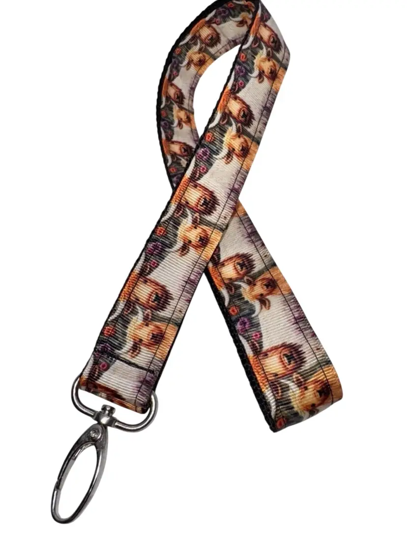 Keychain Lanyard Key Holder Highland Cow Print NEW Handmade 19.5”