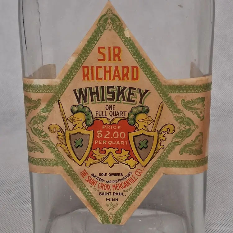 Pre Prohibition Sir Richard Whiskey Bottle Empty Quart Glass Bottle St Paul MN