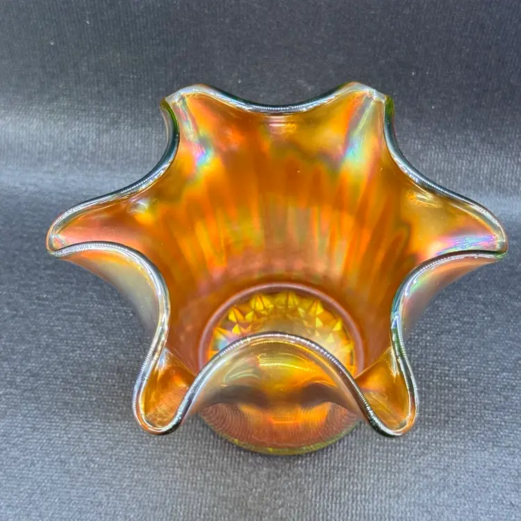 Vintage Carnival Glass Marigold Hat Vase Paneled Interior Smooth Outside