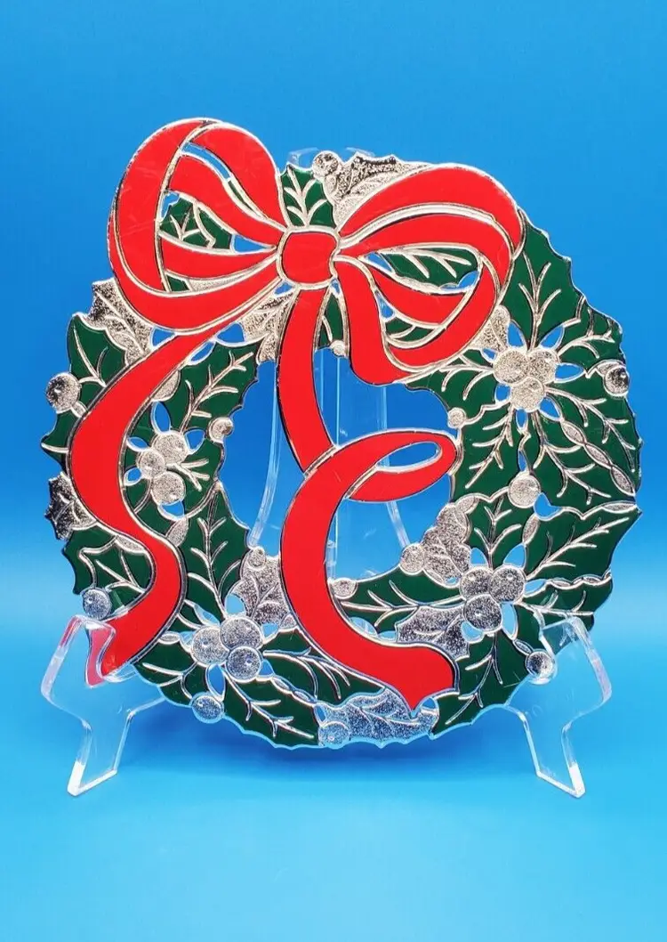 Vintage Christmas Holiday Wreath Trivet Silver-Plated W/ Enamel WM A Rodgers 8"