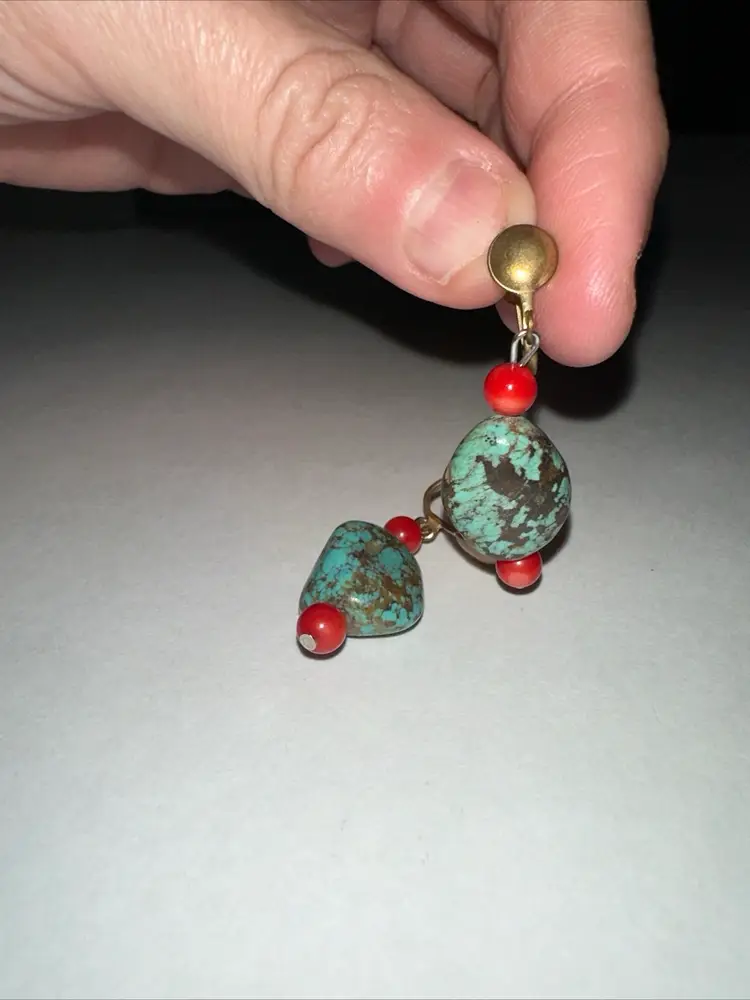 #01 Turquoise And Coral Earrings With Screw Backs