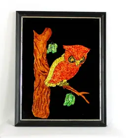 Crumbled Foil Owl Picture Foil Art Vintage 1960's 70's (B)