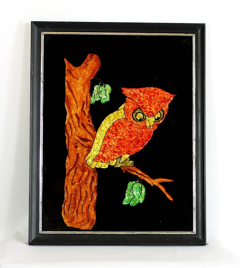 Crumbled Foil Owl Picture Foil Art Vintage 1960's 70's (B)