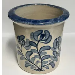 Bujno Pottery -Lancaster County, PA- Hand-Thrown Stoneware Planter or Utensil Crock | Blue Floral | Stamped & Signed 2007 | 6”