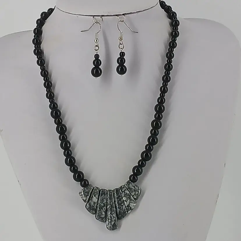 Chinese Writing Stone Gemstone Necklace and Earring Set