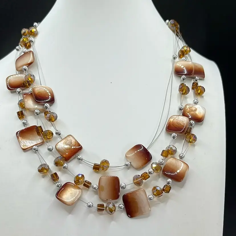 Mother Of Pearl And Crystal Wire Riot Necklace, Three Strand, Lobster Clasp 18-20” Long