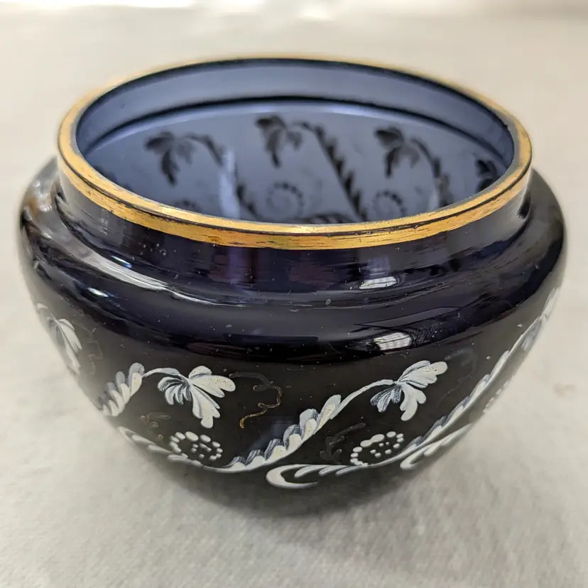 Victorian Small Glass Bowl with Painted Enamel Leaves & Vines