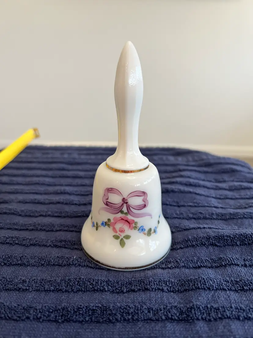 Vtg 1975 Porcelain Bell Hand Painted Floral Gold Trim Crystal Clapper Signed