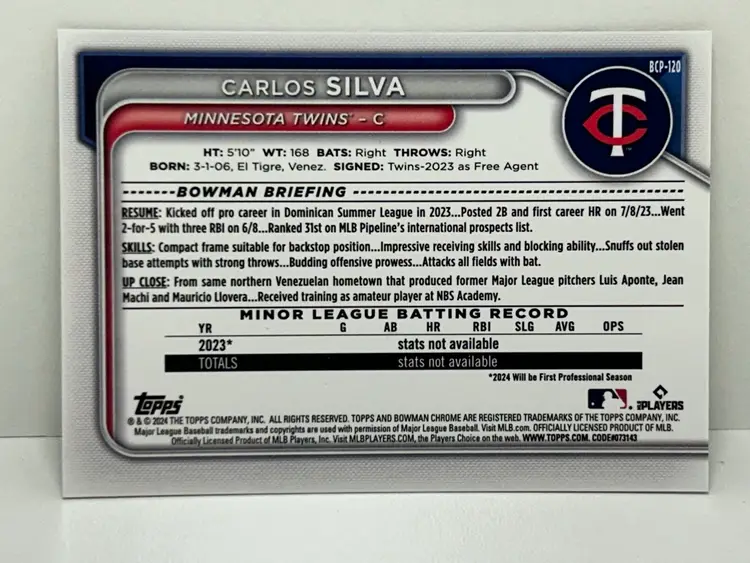 2024 Topps Bowman 1st Carlos Silva Superfractor 1/1