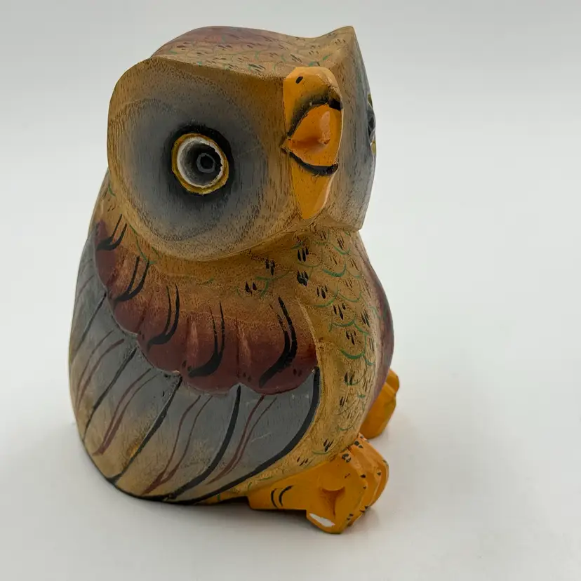 Hand Carved Wood Colorful Painted Owl Bird 6” Whimsical Folk Art Figurine