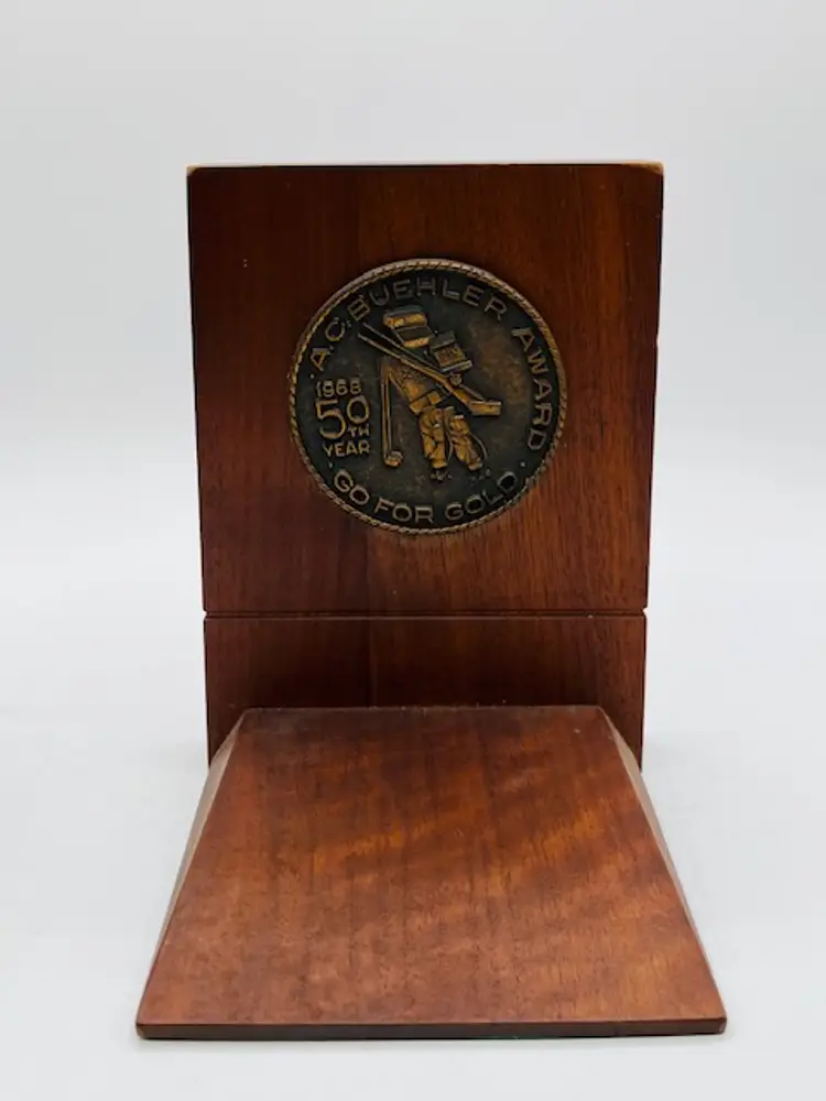 Bookends 1968 Vintage solid walnut A Buehler Award Go for Gold Mid Century Decor