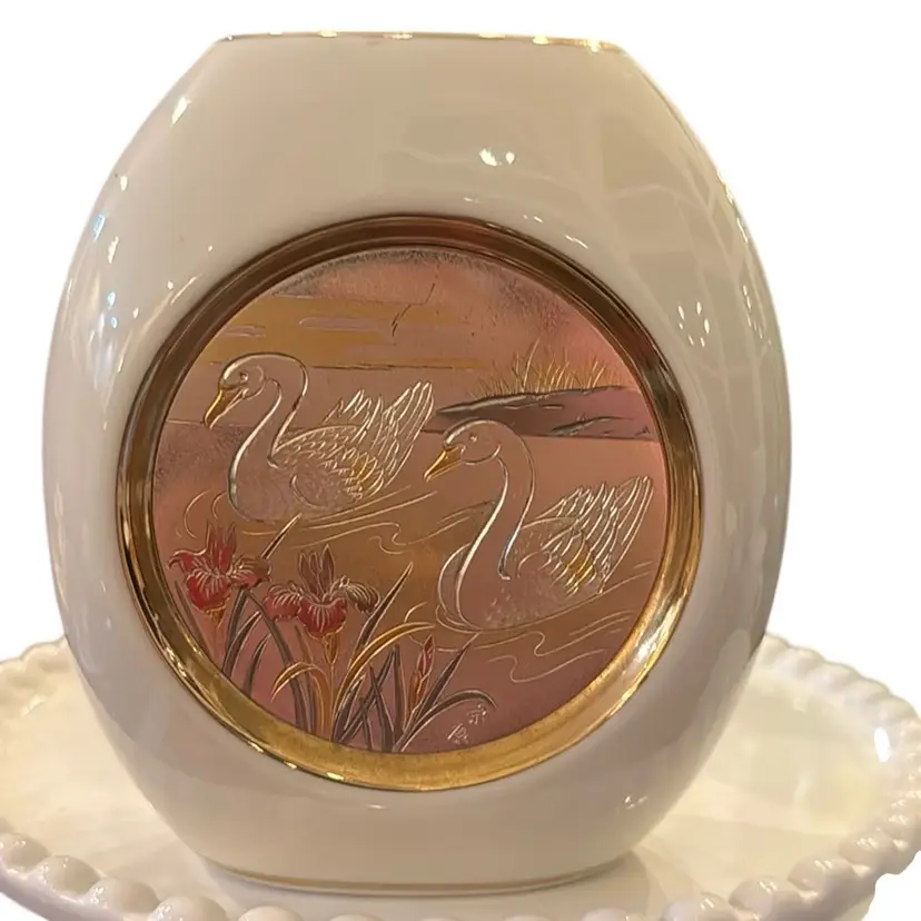 The Art Of Chokin Vase 24K Gold Edge Swans & Iris Flowers JAPAN Ceramic Thin