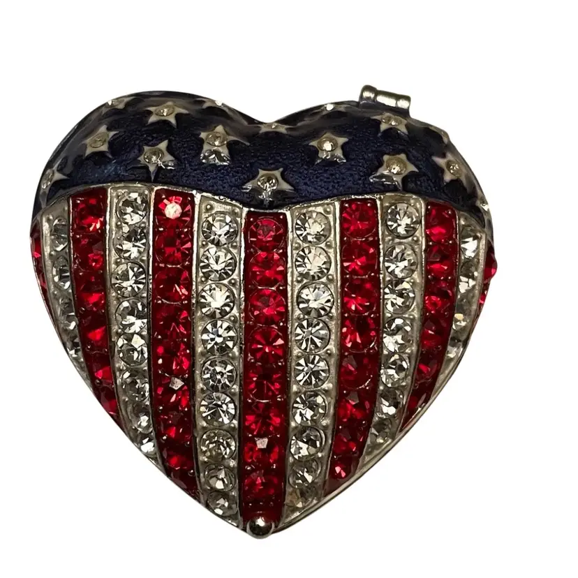 Trinket Box Heart Shaped Flag  Magnetic Closure Covered In Rhinestones