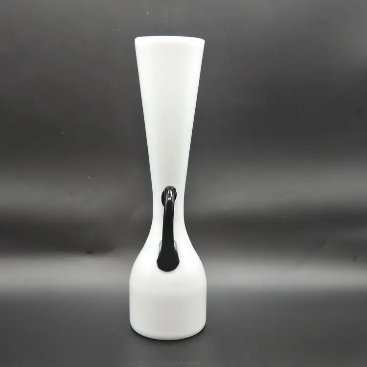 Art Glass White Pitcher Vase Black Glass Applied Handle Vintage Hand Blown MCM