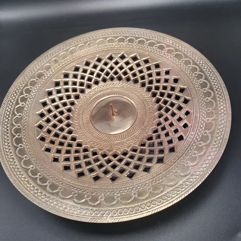 Brass Indian Art Villa Handcrafted Chowki Low Platform Candle Holder 7 in Round