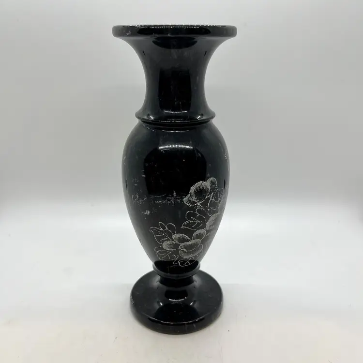 Vintage Black Marble Etched Vase 8” Carved Bird Flowers