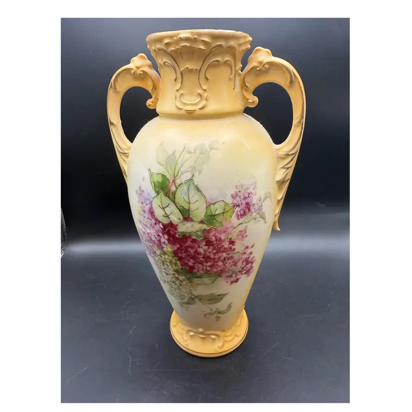 Antique Austria Royal Bruxonia Vase With Hand-Painted Pink And Purple Flowers With Gold Trim