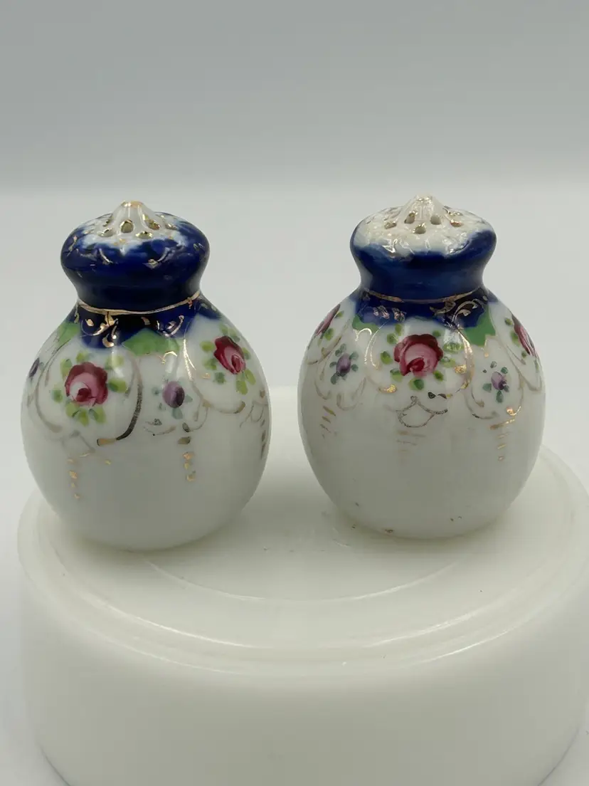 Vintage Cobalt Trimmed Salt And Pepper Shakers With Hand Painted Roses And Gold Trim