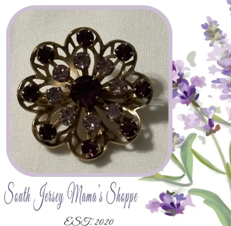 Vintage Gold Tone Floral Brooch With Purple Glass Stones