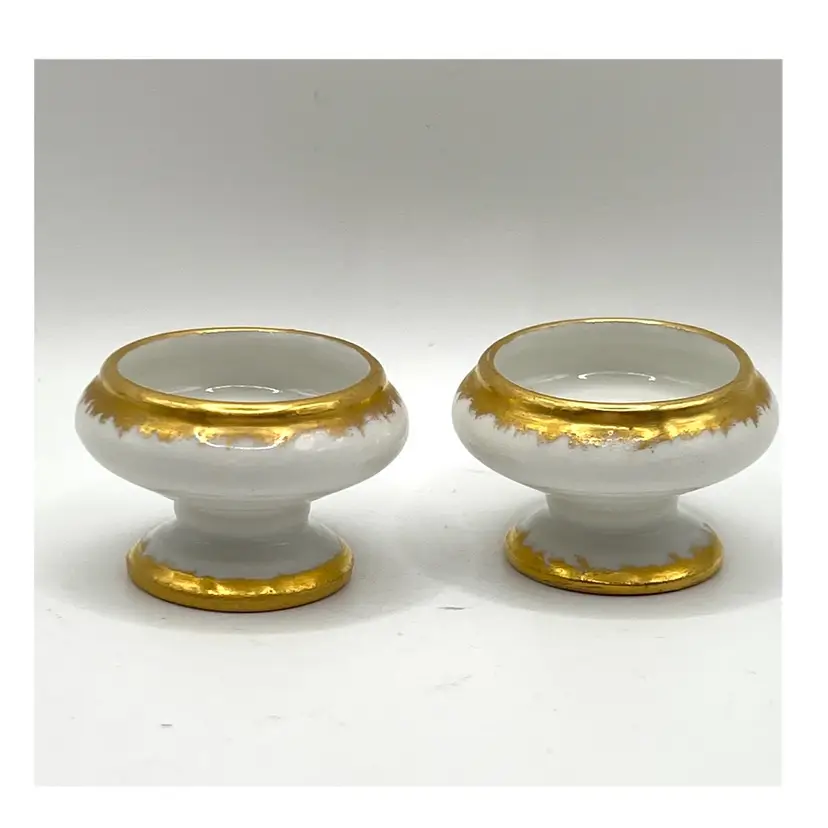 Set Of 2 O & E.G. Royal Austria Open Salt Cellar White Footed Porcelain with Gold Rim 1.5 in Diameter
