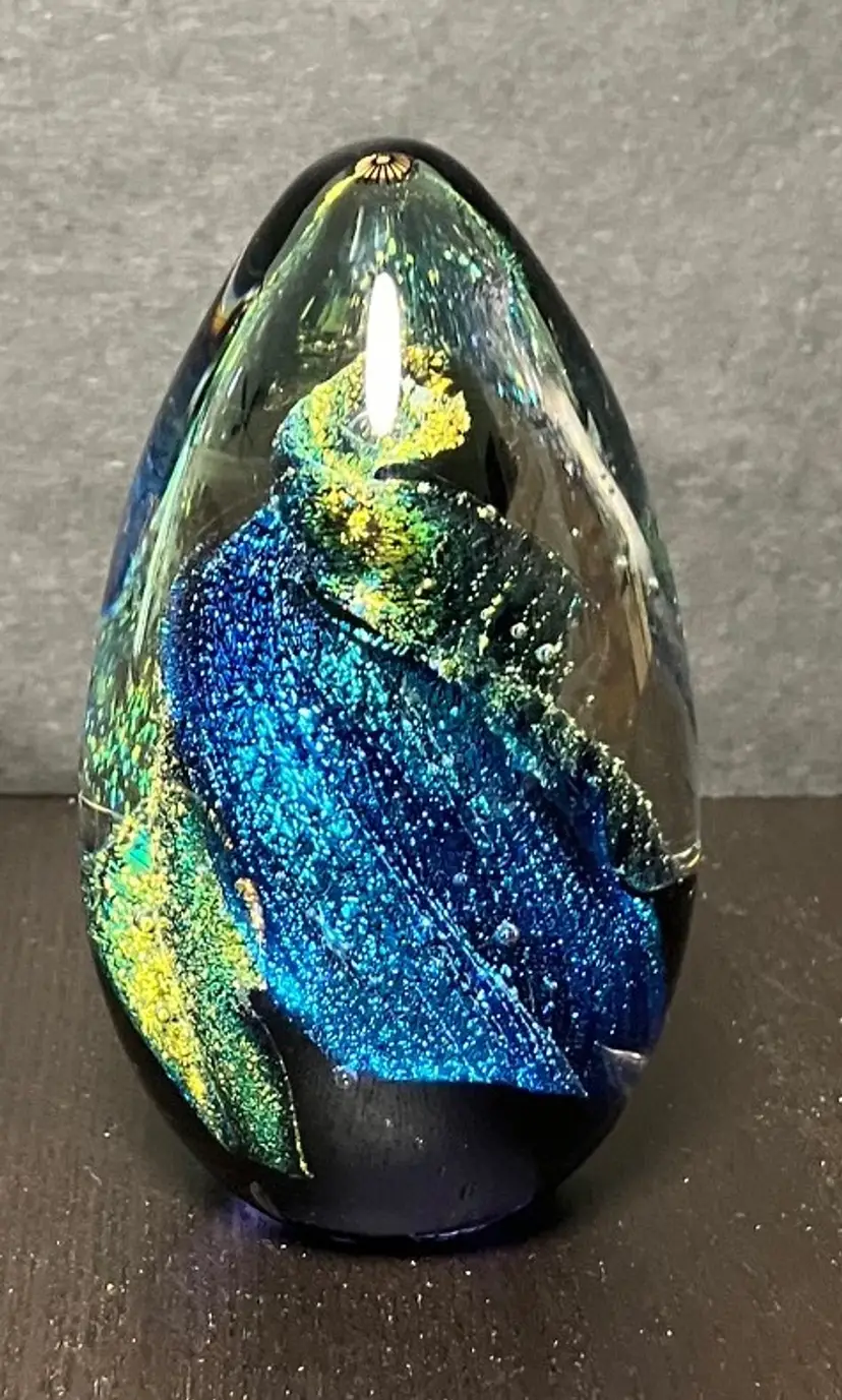 Black Sheep Glass Dichroic Swirl Egg Shaped Paperweight 1995