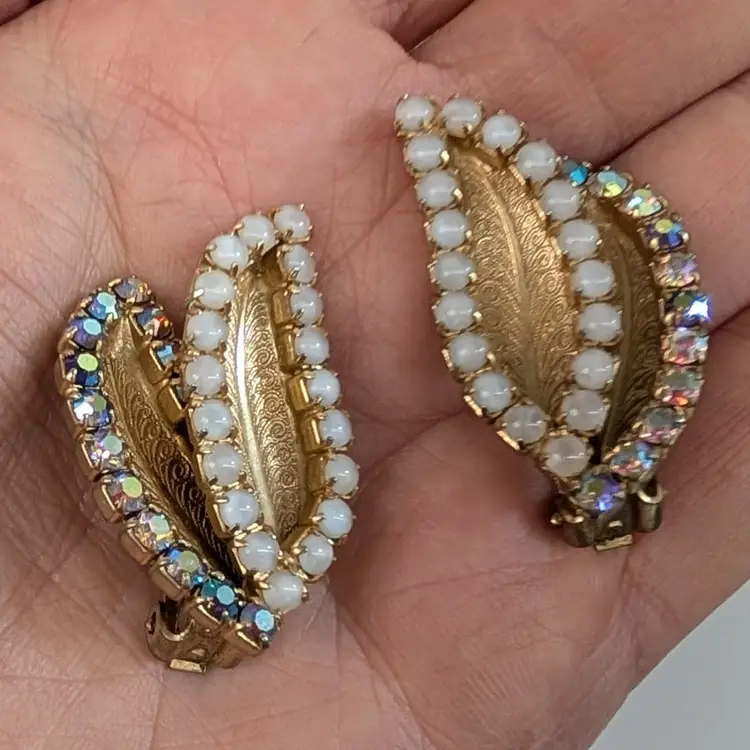 Vintage Gold Tone Relief Leaf Clip On Earrings with Moonstone & Aurora Borealis AB