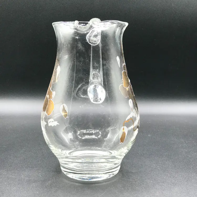Vintage Gold Cyclamen Motif Mid Century Modern Glass Pitcher with Ice Lip 9.25"